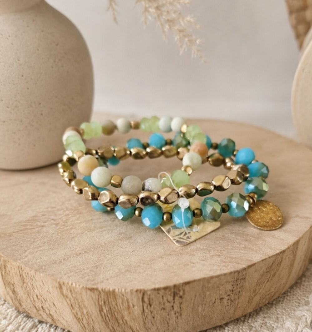 Pomina Blue Gold Semi Precious Beaded Bracelet Stack New
